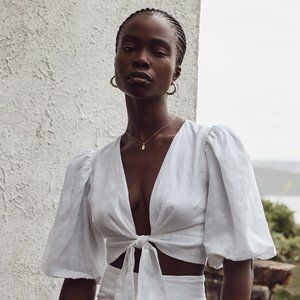 NWT DISSH Hallie White Linen Cropped Front-Tie Top